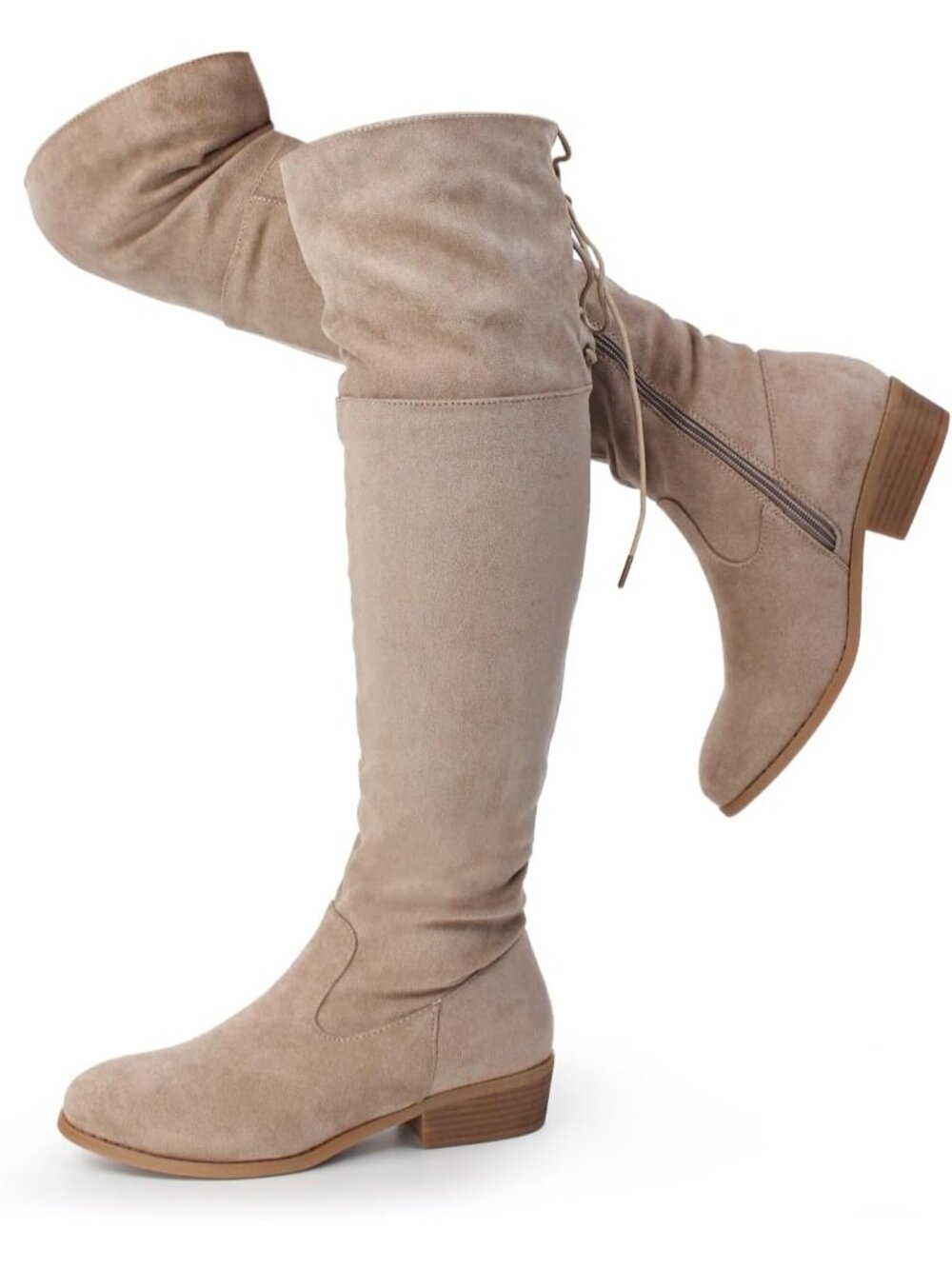 Women's Khaki Thigh High Faux Suede Boots Over The Knee Low Flat Heel Boots